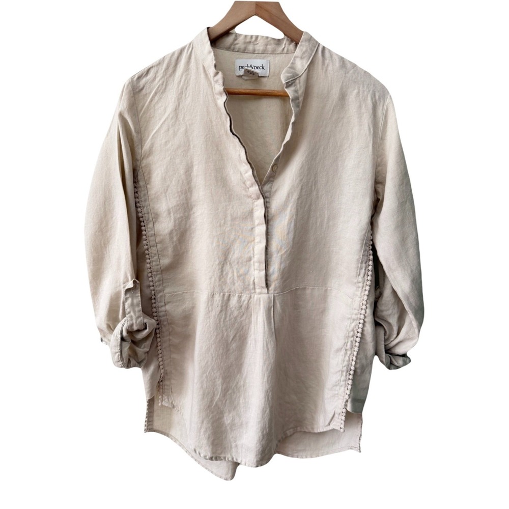 Peck &‎ Peck Linen Tunic Top Size M Beige Roll Tab Sleeve Pom Pom Trim Popover